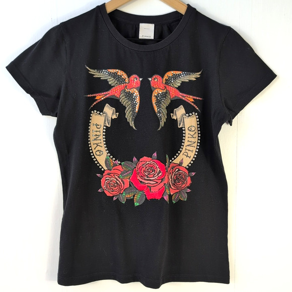 Pinko Quentin Jersey T-Shirt Women’s S Black Birds Roses Studded Graphic Top - Picture 1 of 13